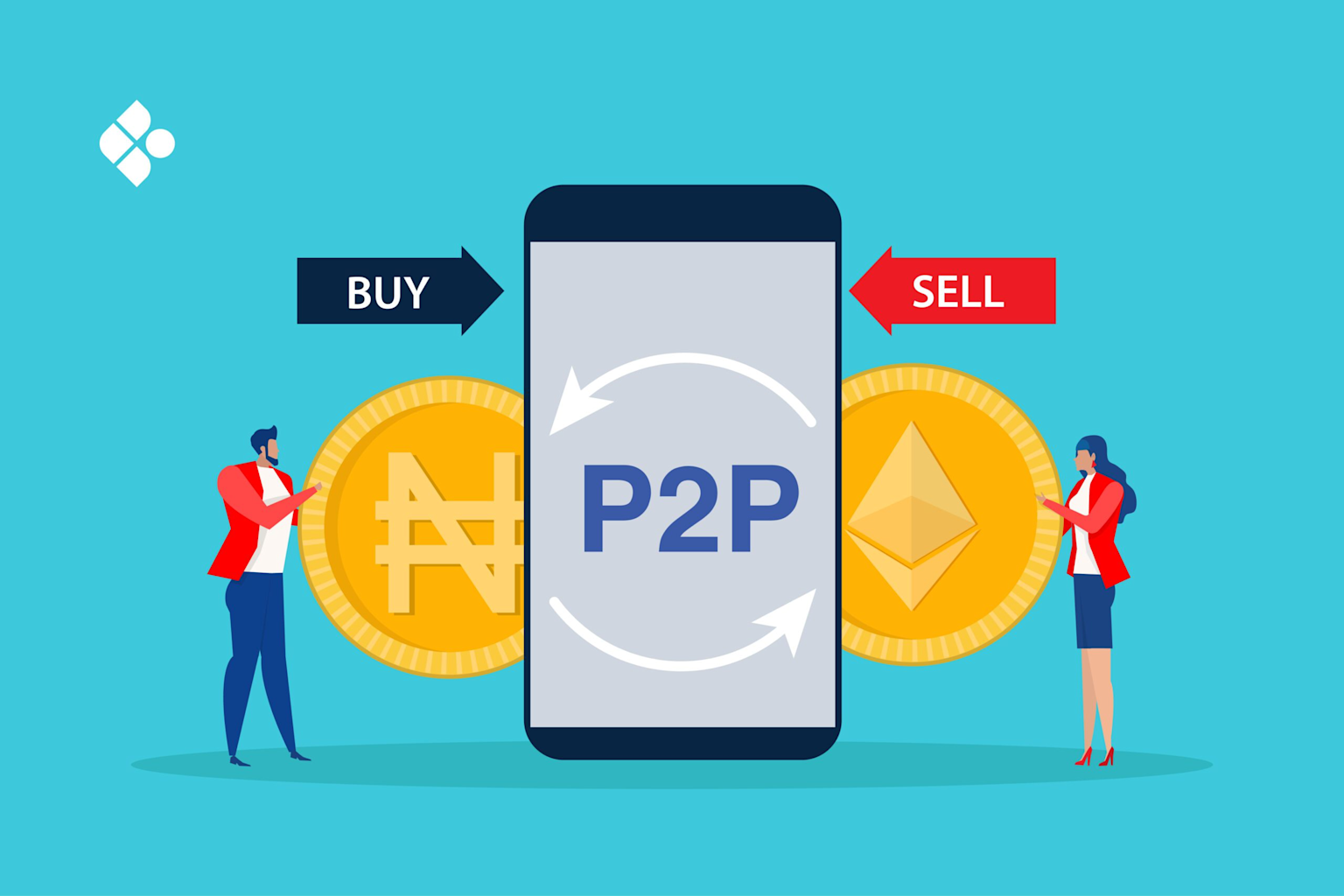 Illustration of peer-to-peer cryptocurrency trading via mobile in Nigeria, showing buying and selling between individuals using Naira and Ethereum coins