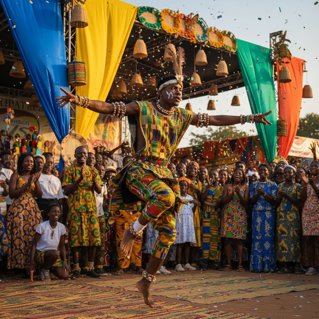 representative image for A Ghanaian street dancer in traditional dress at a festival